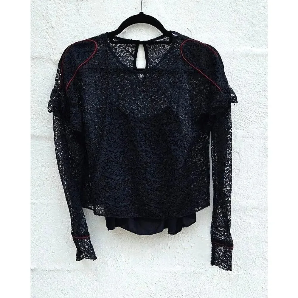 Zara Top Womens Small Midnight Blue Cropped Lace Ruffle‎ Sheer Fairy Whimsigoth